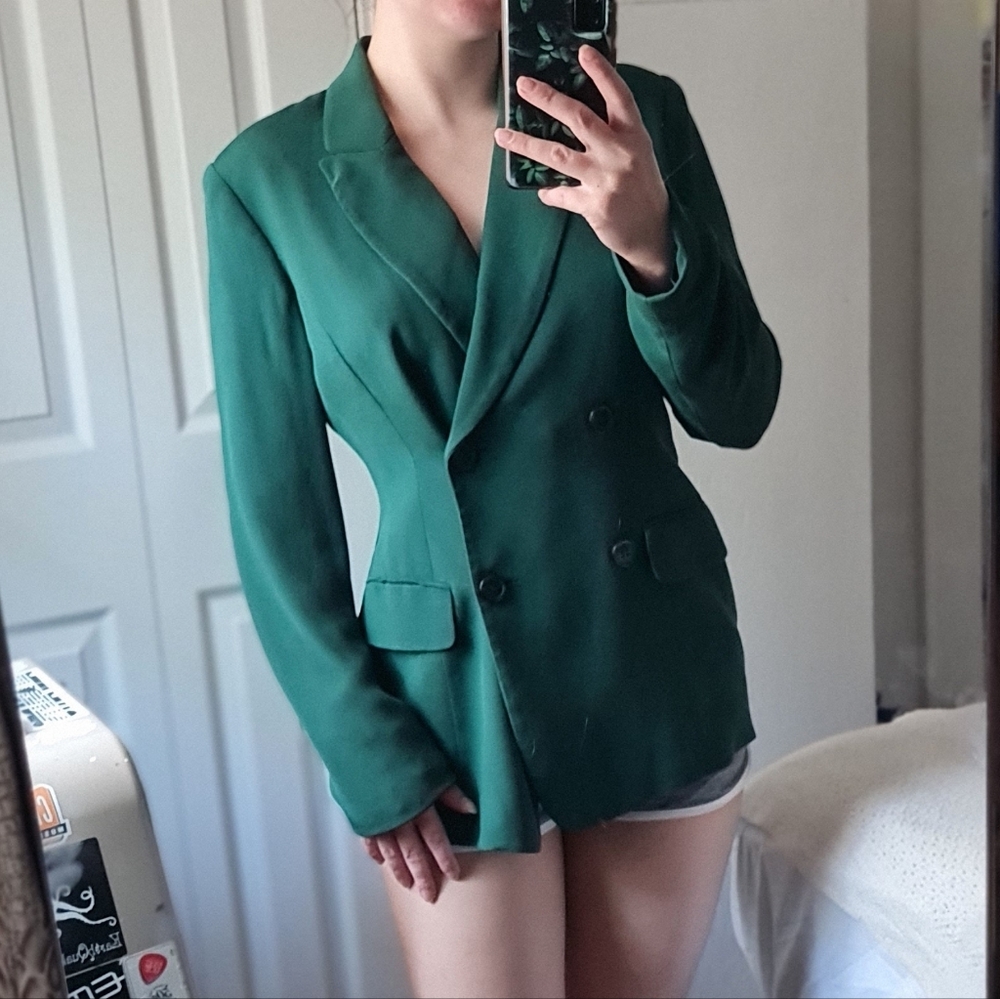 Classic Double-Breasted Green Silk Ladies Blazer